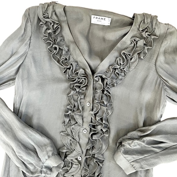 FRAME Tuxedo Smoke Grey Gray Silk Chiffon Ruffle Button Down Blouse Extra Small - Picture 15 of 16